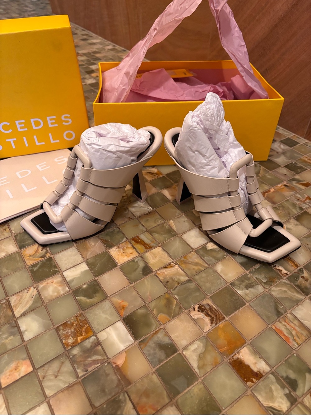 Mercedes Castillo Sculptural Heel Sandals — Taupe/Nude Leather — New in Box